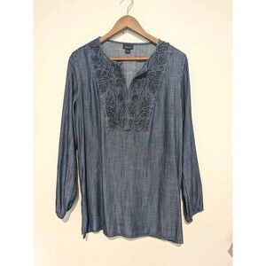 J Jill Women's Denim Tunic Top S Embroidered Long Sleeve Lyocell Soutache
